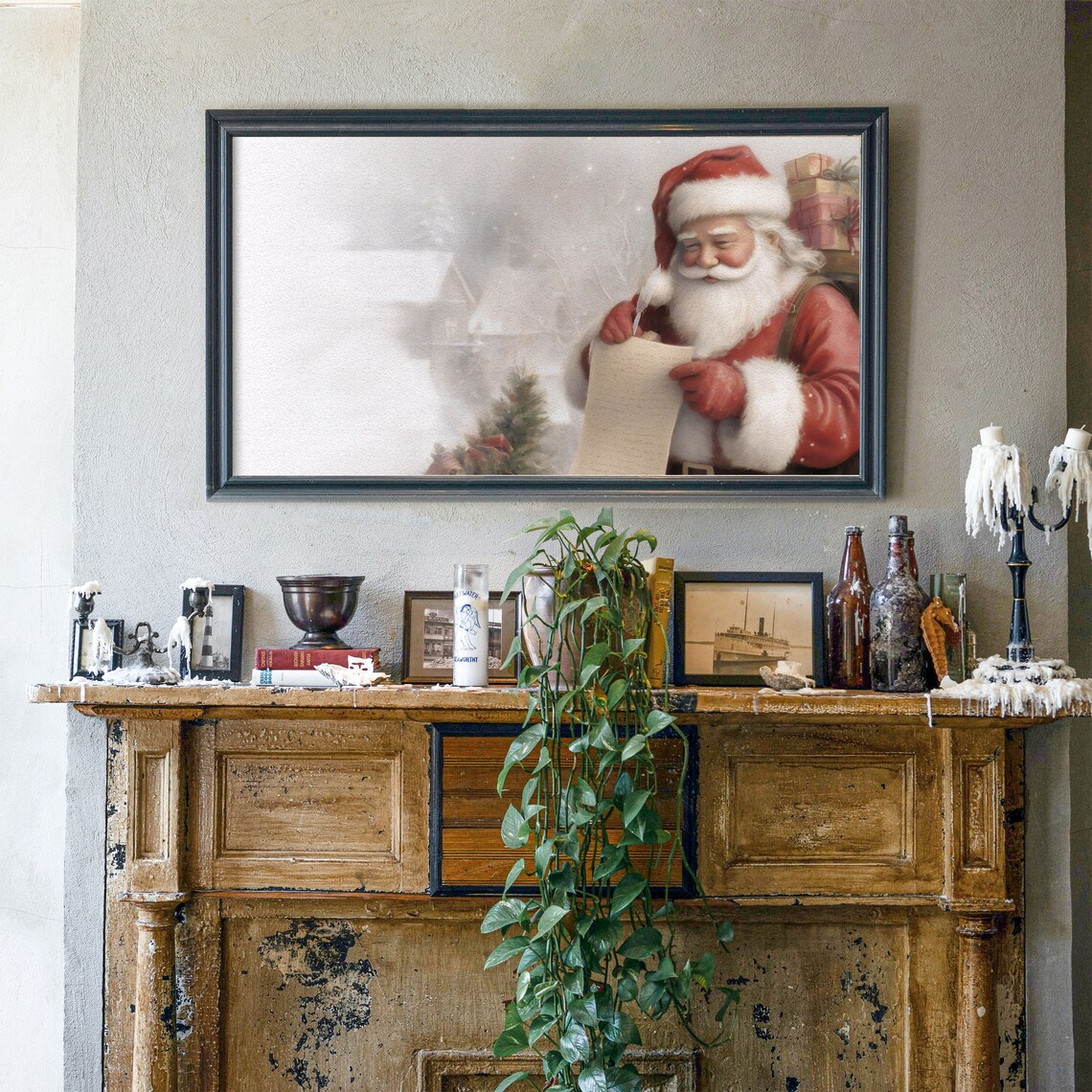 Santa Claus Checking His List in Snowy Village Painting Poster - Image 7