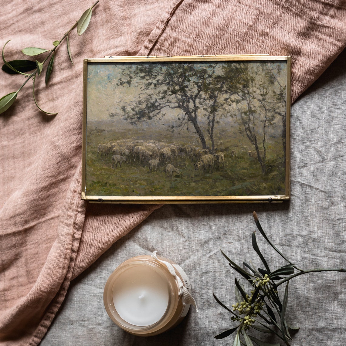 Sheep Flock in Misty Meadow Vintage Pastoral Painting Rustic Wall Art - Image 5