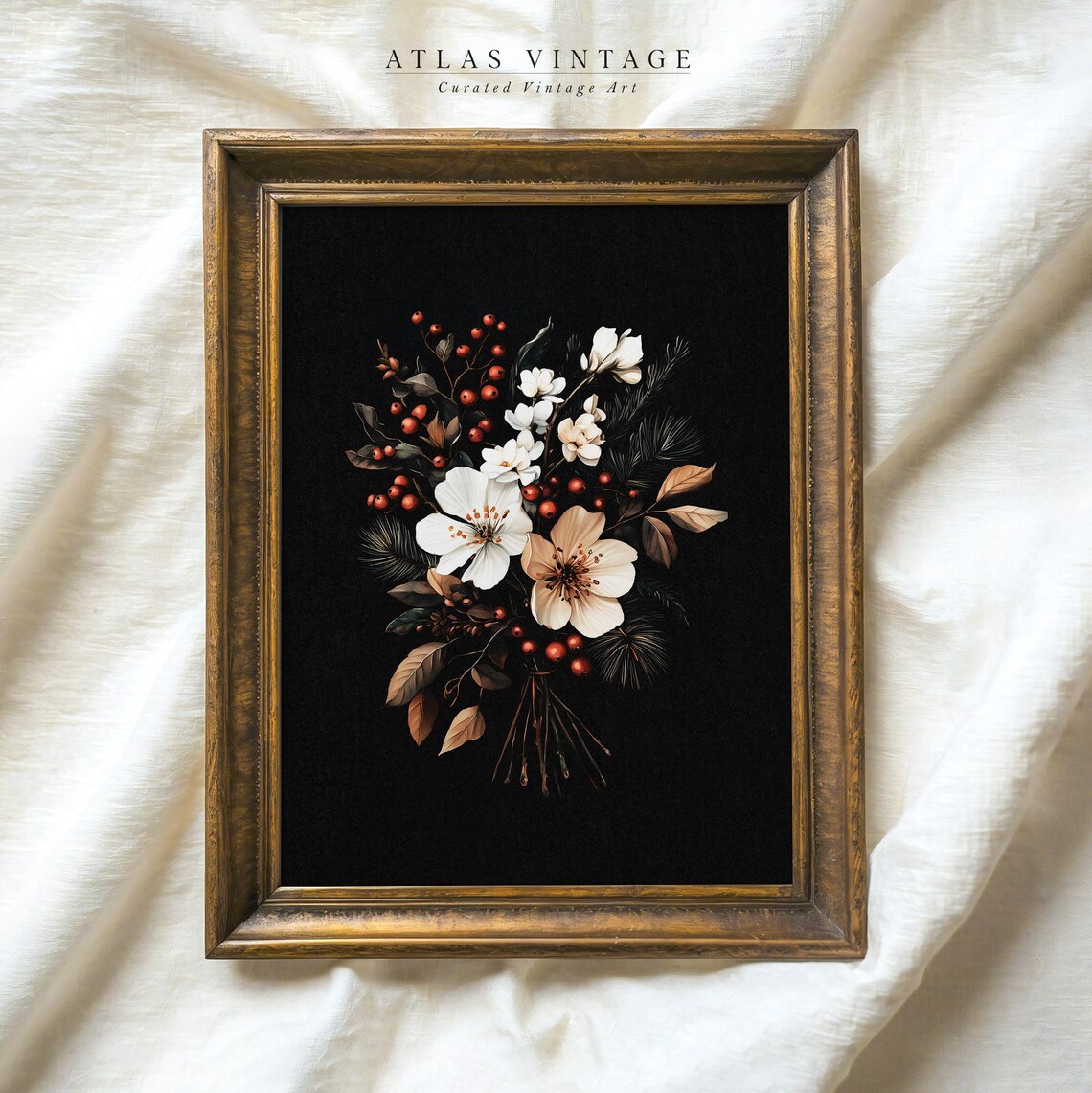 Dark Moody Winter Flower Bouquet Poster Christmas Botanical Art