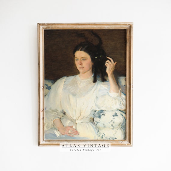 Antique Woman Black Cat Painting Vintage Moody Portrait Print French Country Wall Art Victorian Light Academia Wall Dcor