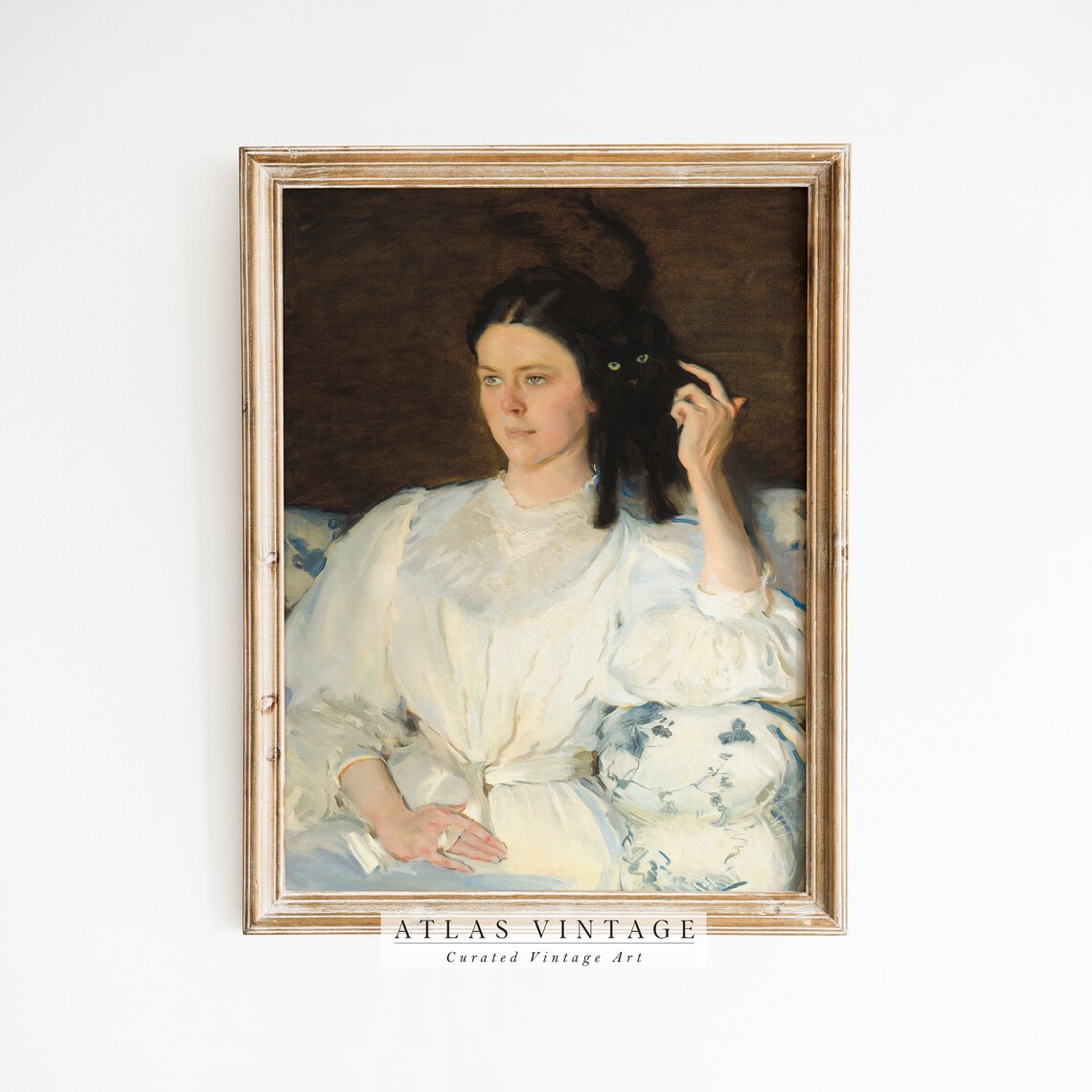 Vintage Portrait of Woman in White Dress with Black Cat Poster