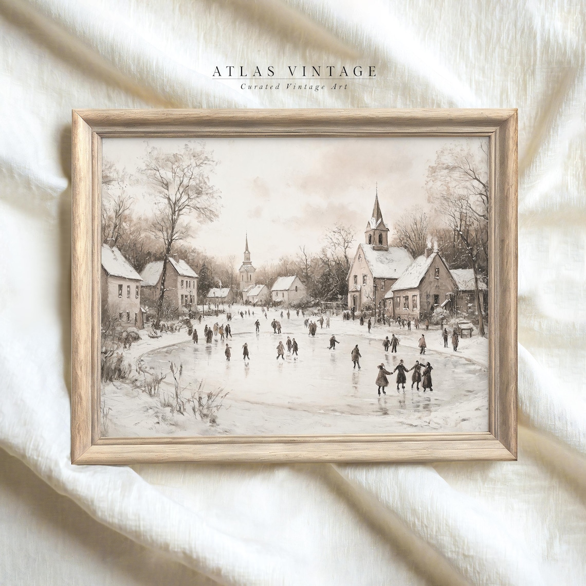 Vintage Hockey Players Print Neutral Winter Holiday Decor Christmas Village Snowy Landscape Painting Cityscape Prints