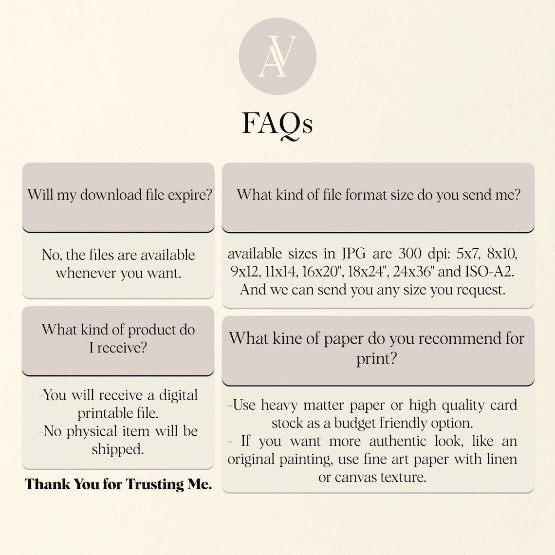 Shop FAQs Info Card for Digital Downloads Sizes Paper Guide Reference Print