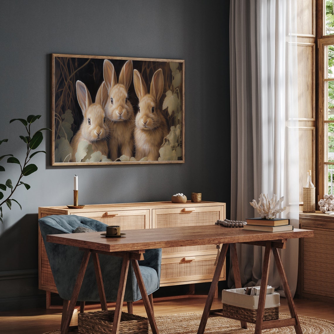 Three Tan Bunnies Vines Vintage Easter Rabbit Painting Art Poster - Image 2