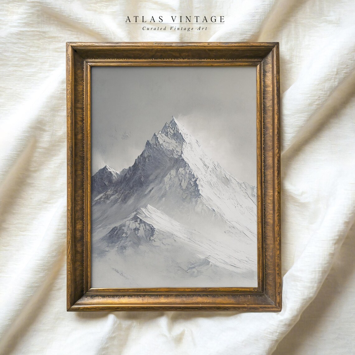 Snowy Mountain Peak Oval Painting Blue Grey Winter Alpine Poster - Image 7