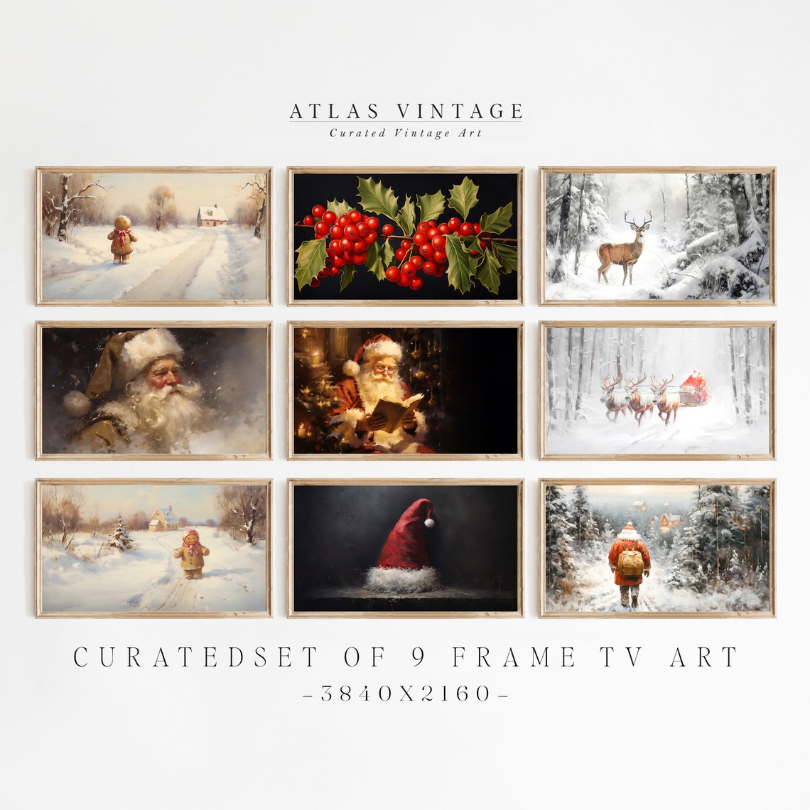 Set of 9 Vintage Winter Prints Santa Reindeer Gallery Wall Poster