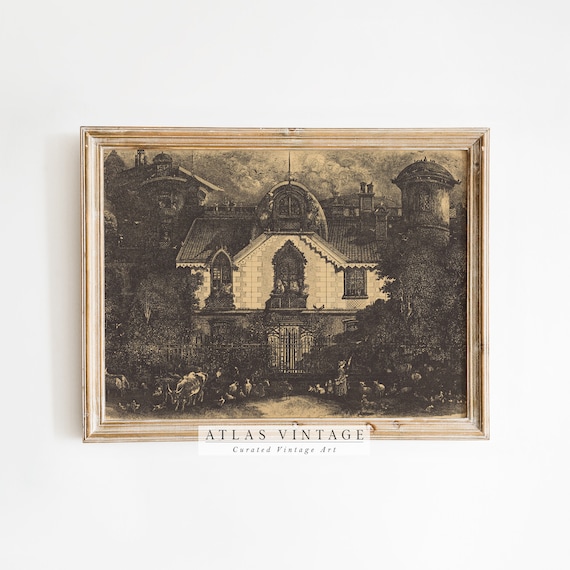 Dark Gothic Manor House Etching Haunted Mansion Vintage Halloween Wall Art
