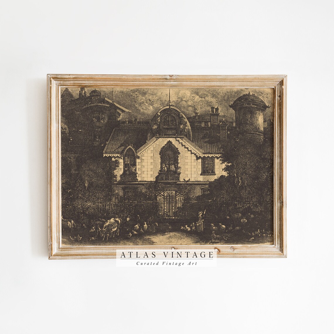Dark Gothic Manor House Etching Haunted Mansion Vintage Halloween Wall Art