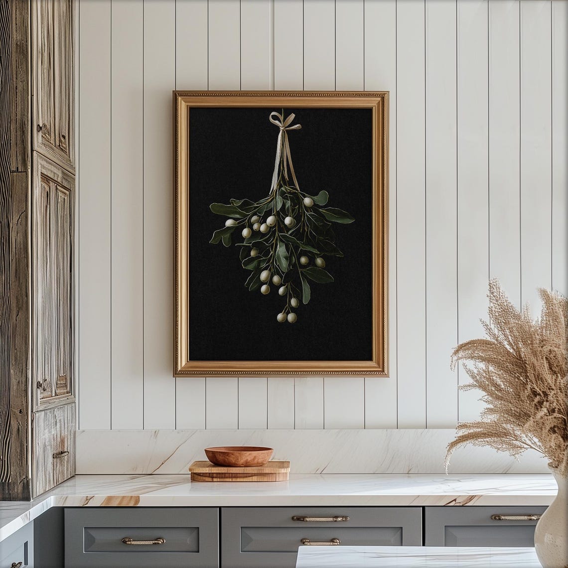Mistletoe with White Berries on Ribbon Black Background Poster - Image 6