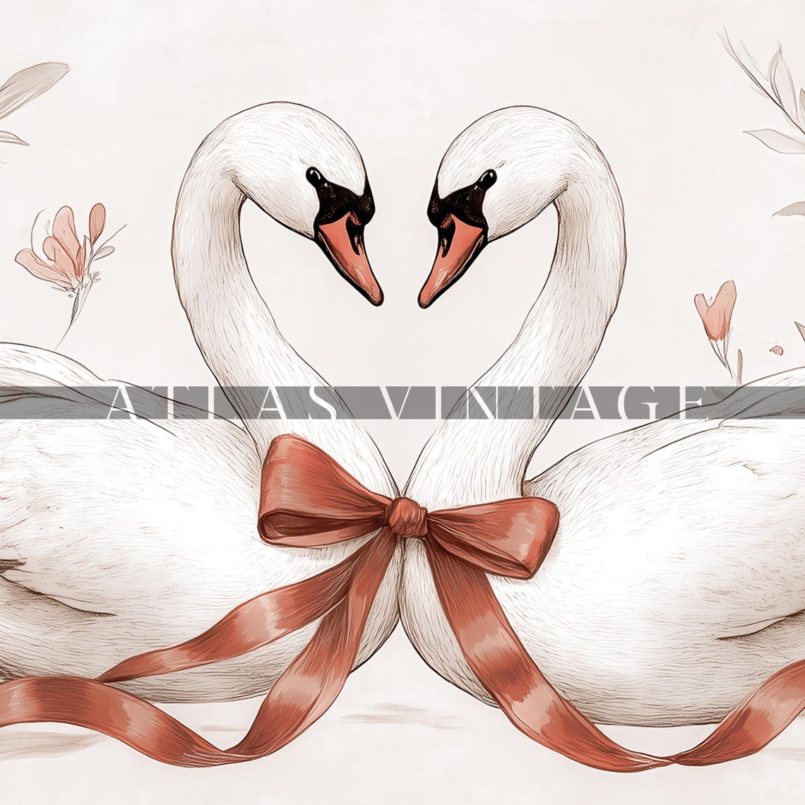 Two Swans Heart Shape Necks Red Ribbon Botanical Valentines Day Print - Image 4