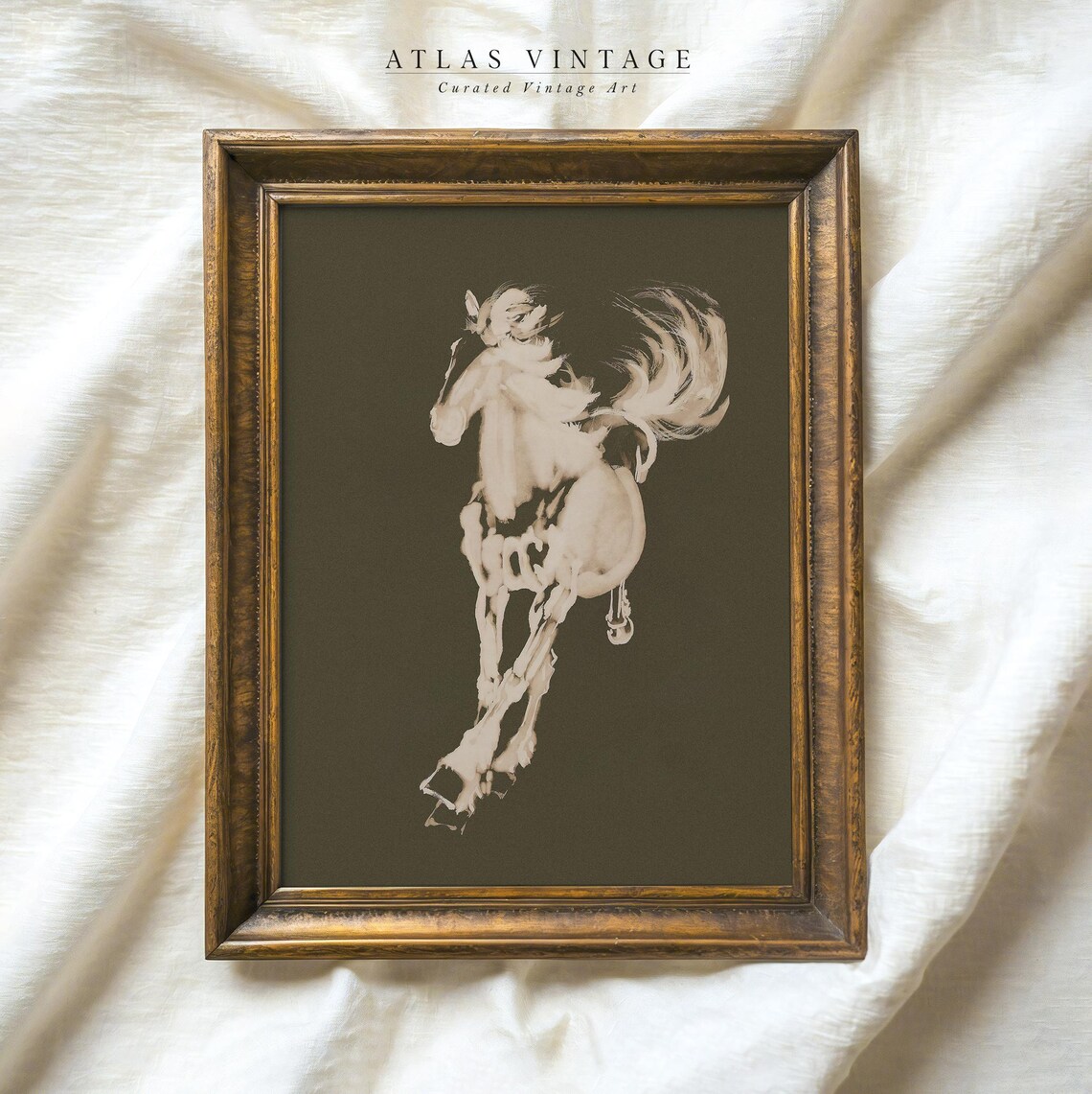White Horse Sketch on Dark Olive Vintage Minimalist Equine Art Poster