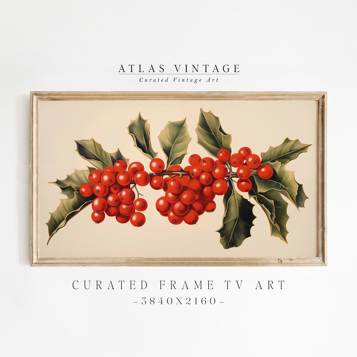 Red Holly Berries Vintage Botanical Christmas Frame TV Art Print