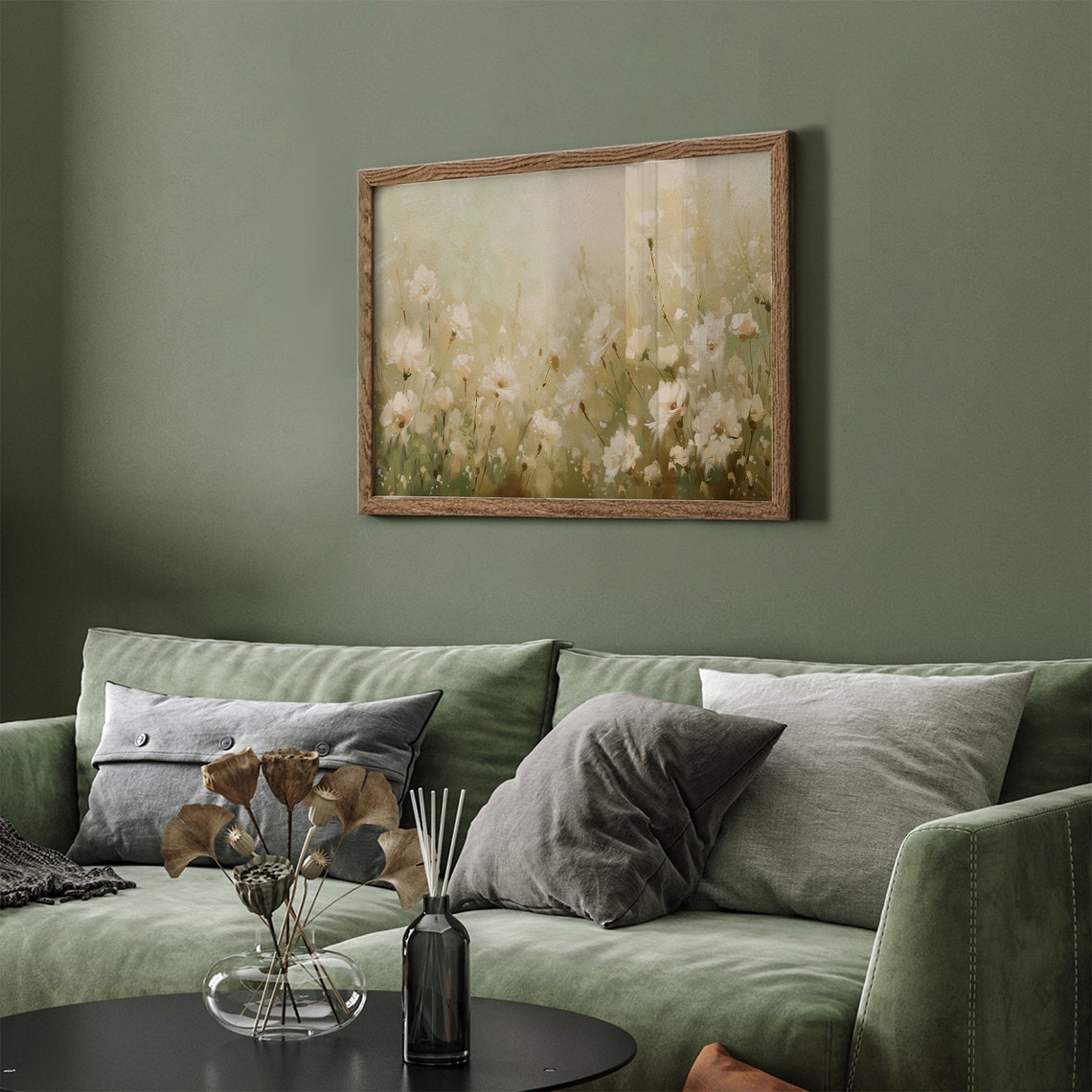 White Wildflower Meadow In Soft Sage Green Spring Frame TV Print - Image 3