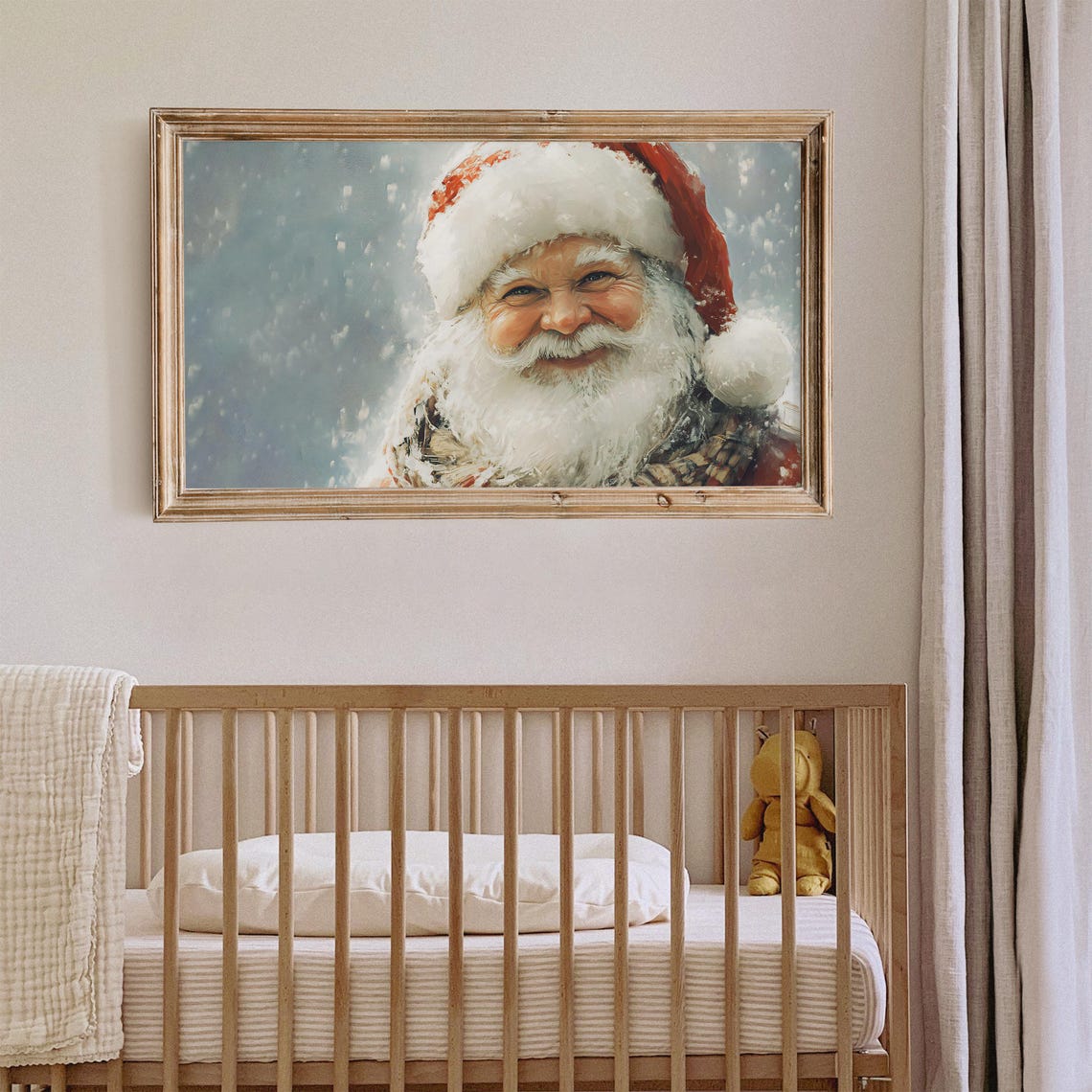 Santa Claus Smiling Portrait in Falling Snow Vintage Christmas Poster - Image 5