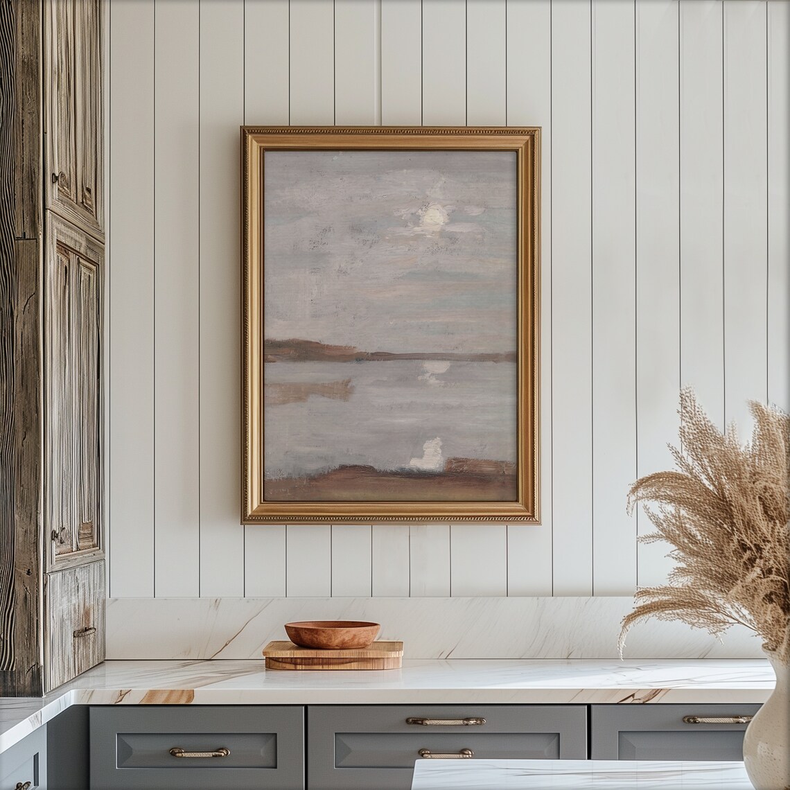 Moonlit Abstract Seascape Gray Muted Ocean Painting Neutral Coastal Art Poster - Image 5