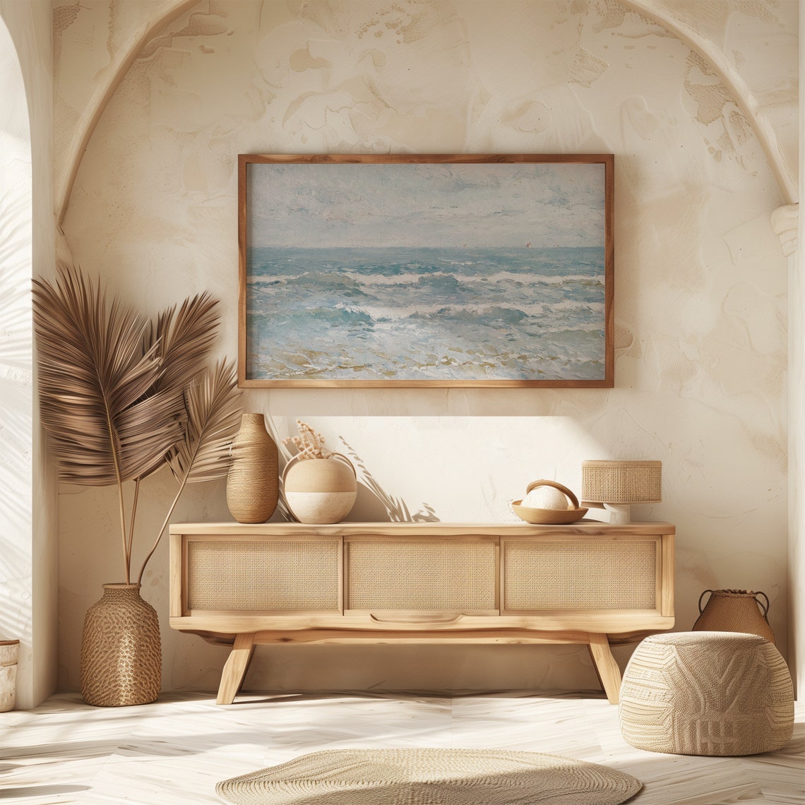 Soft Blue Ocean Waves Under a Cloudy Sky Vintage Seascape Poster - Image 5