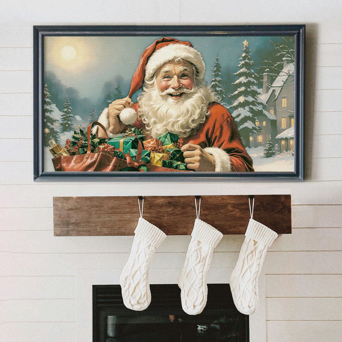 Jolly Santa Claus with Gift Sack Vintage Christmas Scene Poster - Image 5
