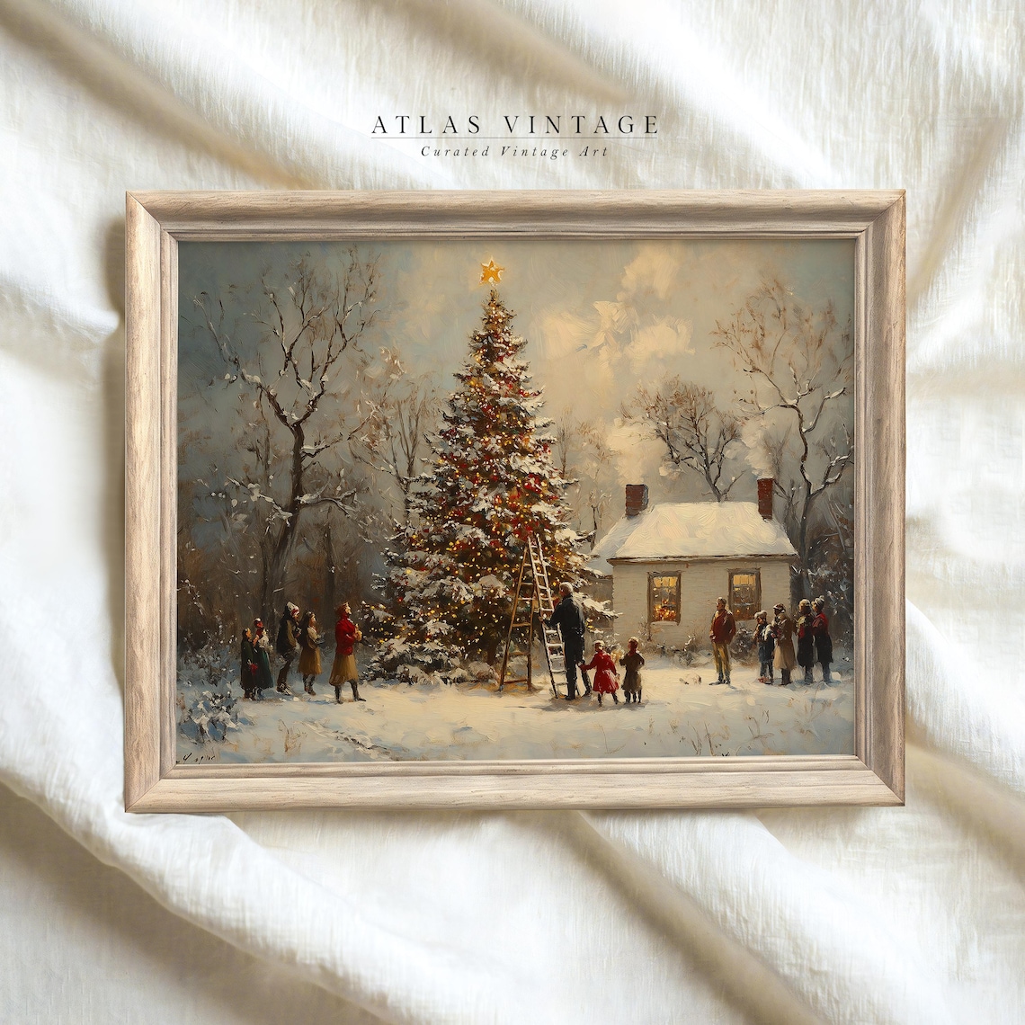 Snowy Christmas Tree Lighting Gathering Vintage Oil Painting Poster