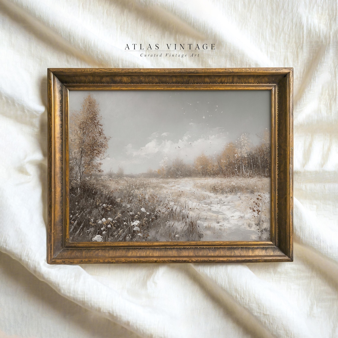 Snowy Winter Field with Bare Trees Vintage Frosted Meadow Art Poster