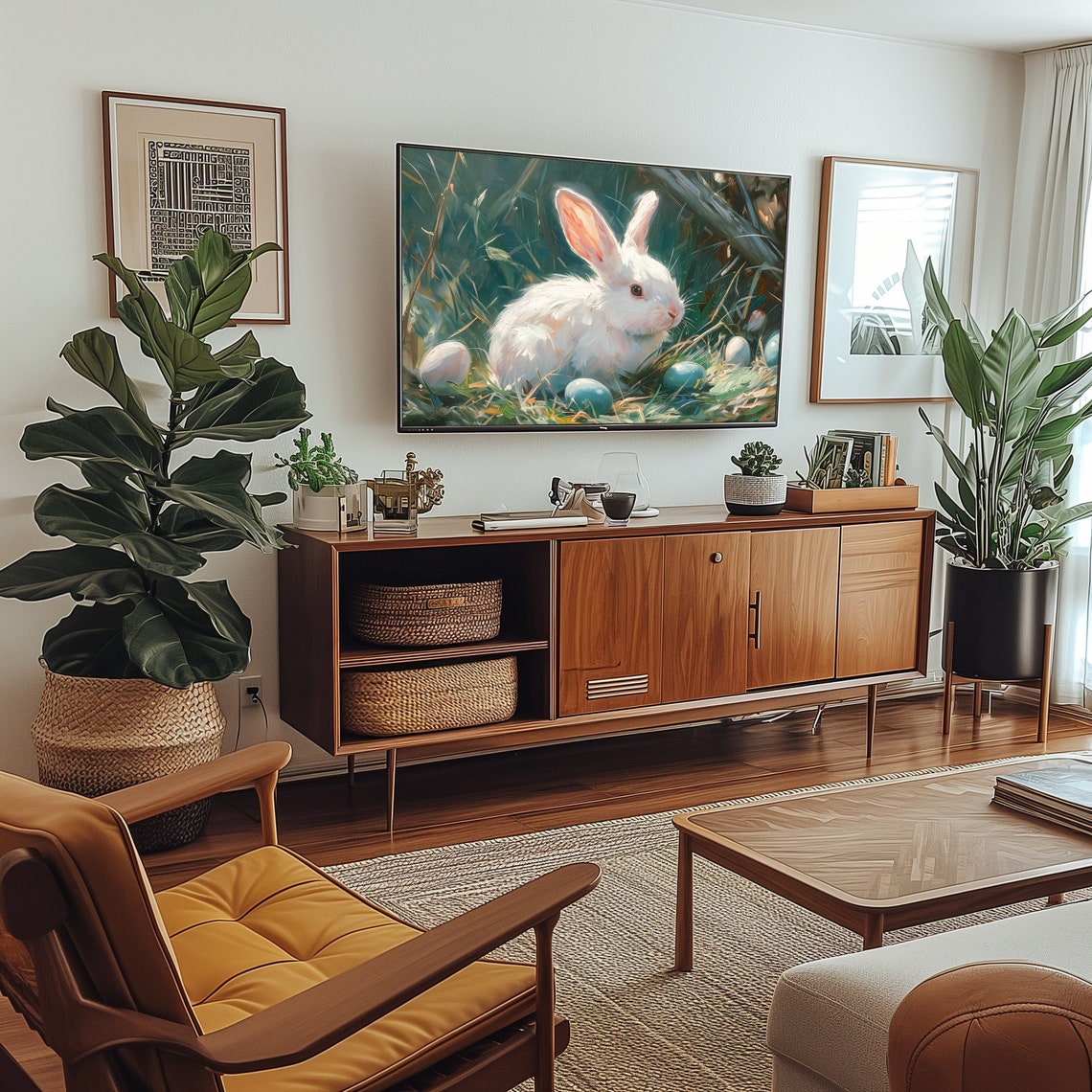 White Easter Bunny with Painted Eggs Spring Meadow Painting Poster - Image 6