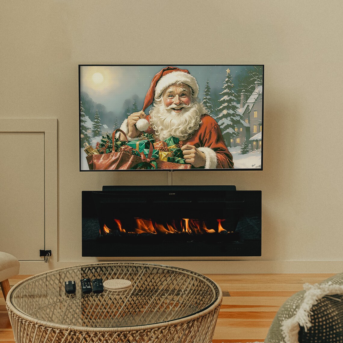 Jolly Santa Claus with Gift Sack Vintage Christmas Scene Poster - Image 4