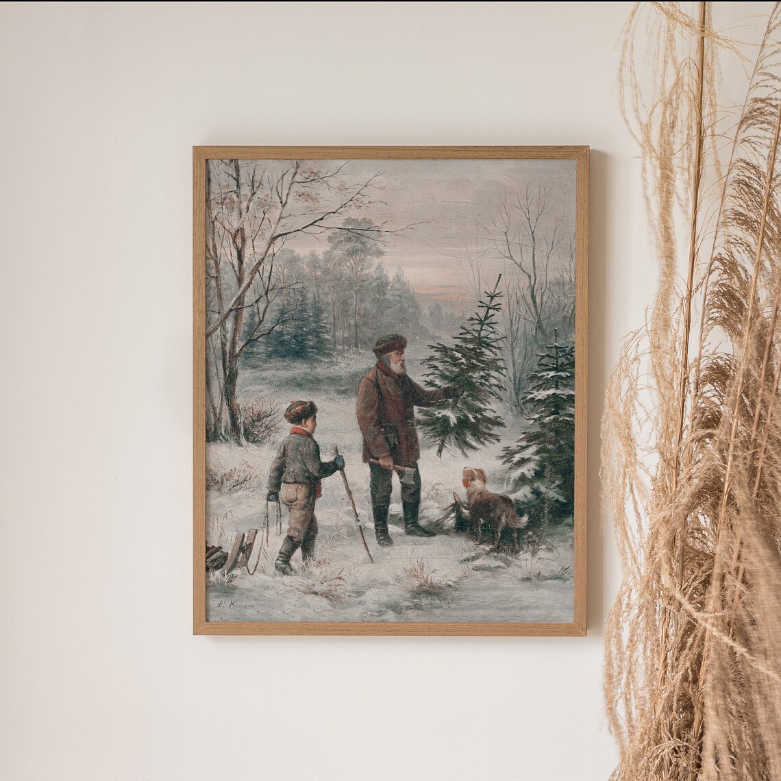 Father and Son Choosing Christmas Tree Vintage Winter Poster - Image 3