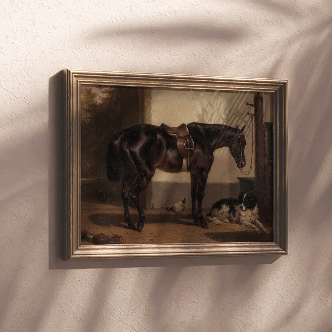 Saddled Bay Horse in Stable with Dog Vintage Equestrian Poster - Image 6