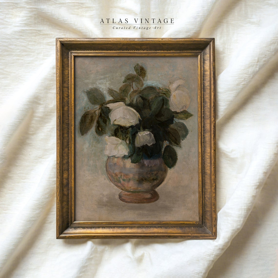 White Roses in Vase Muted Vintage Still Life Floral Painting Poster