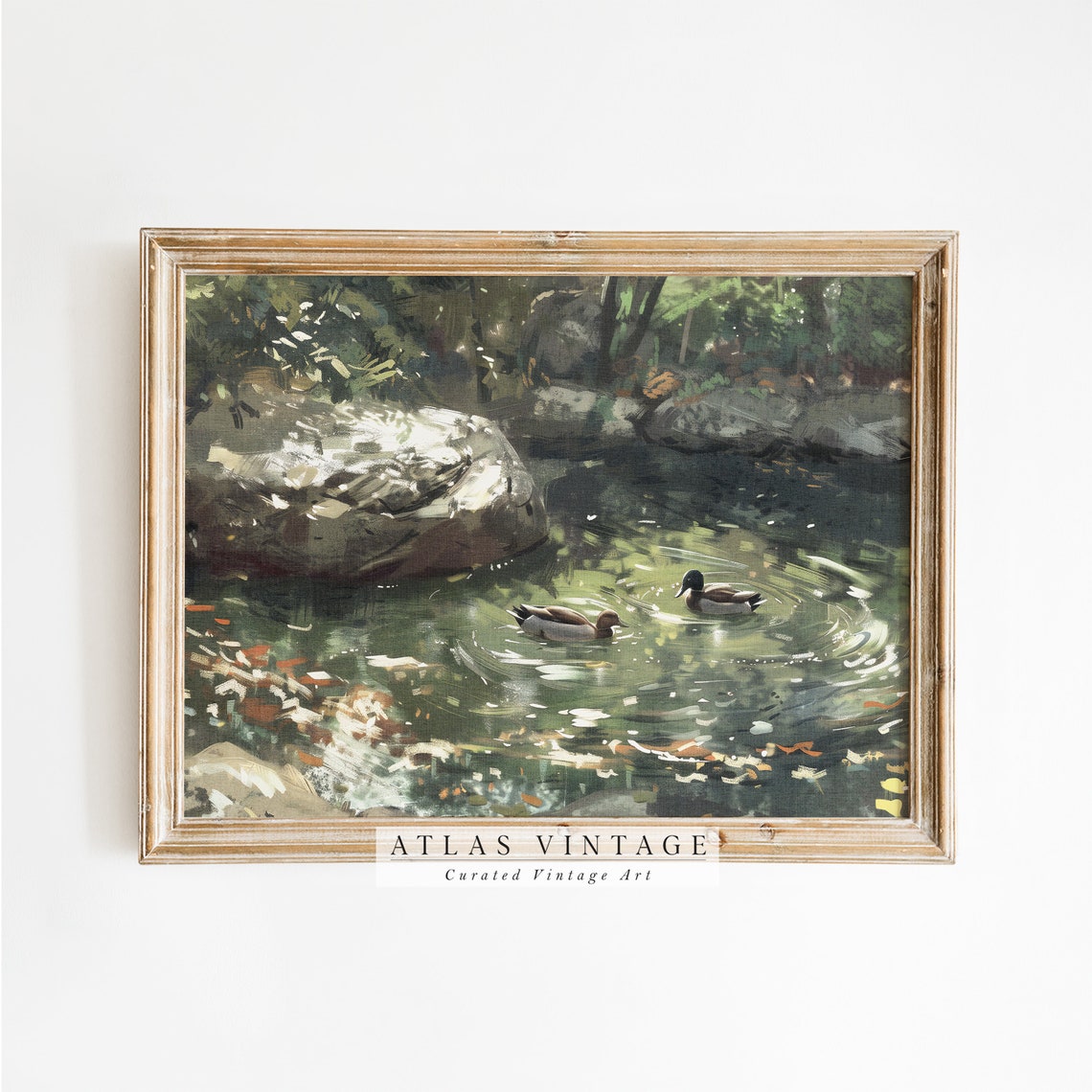 Two Ducks on a Forest Pond With Rocks Vintage Summer Wildlife Poster