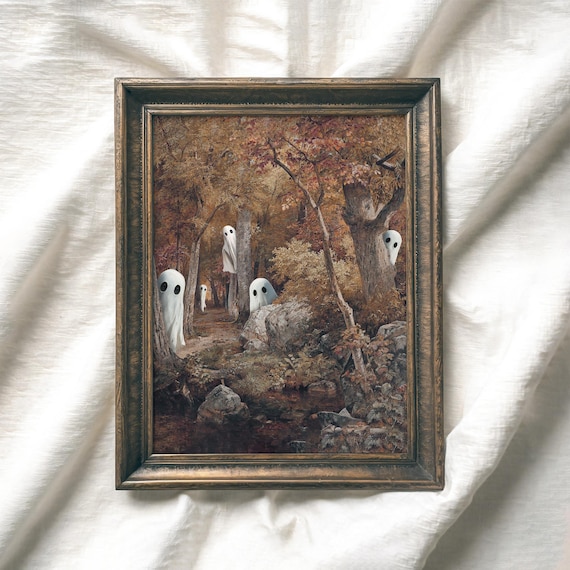 Five Cute Ghosts Peeking From Trees in a Golden Fall Forest Poster