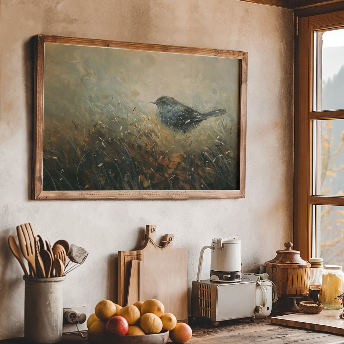 Moody Neutral Bird Painting Dark Little Bird in Tall Grass Art Poster - Image 7
