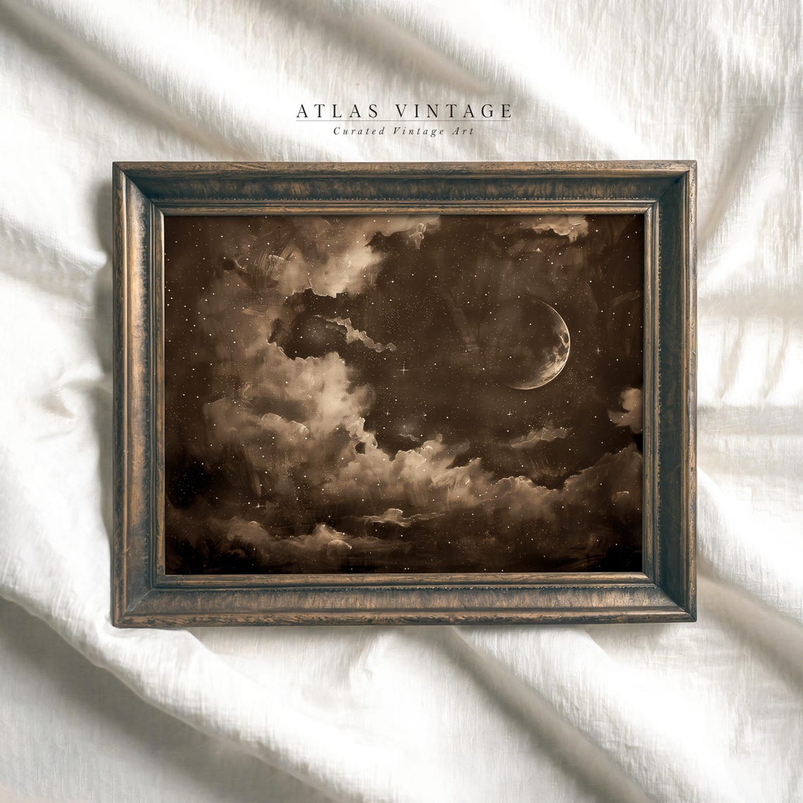 Sepia Gold Starry Night Sky With Crescent Moon And Clouds Poster