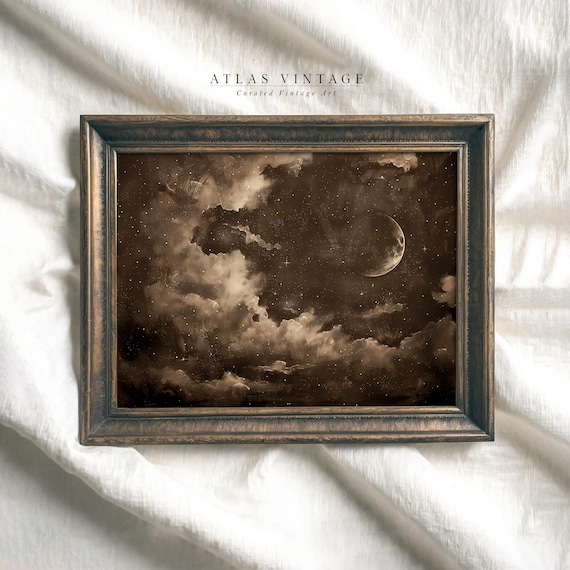 Sepia Gold Starry Night Sky With Crescent Moon And Clouds Poster