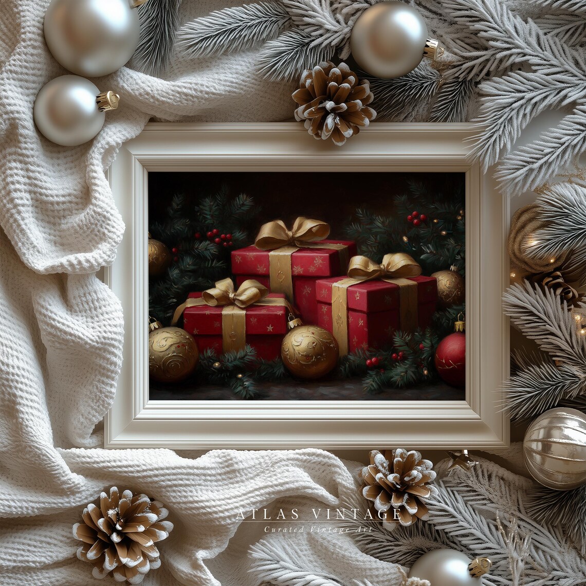 Red Christmas Gifts Gold Bows Vintage Holiday Still Life Poster - Image 7