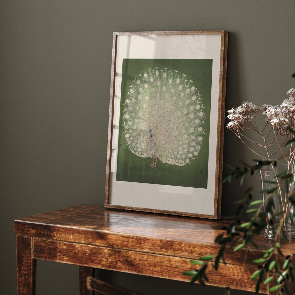 White Peacock with Fanned Tail on Green Japanese Style Poster - Image 7