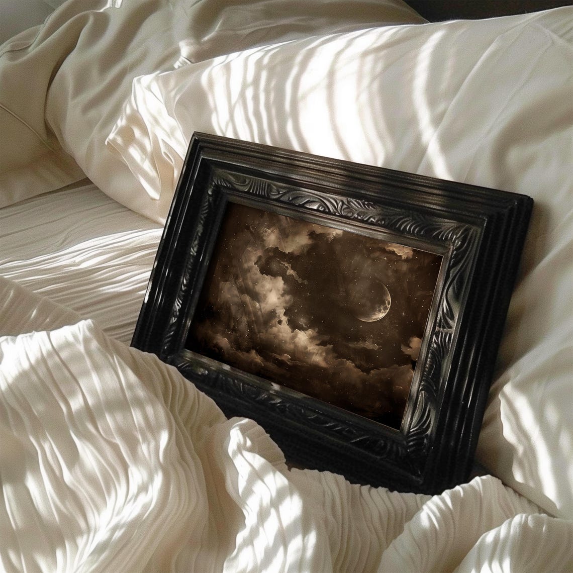 Sepia Gold Starry Night Sky With Crescent Moon And Clouds Poster - Image 6