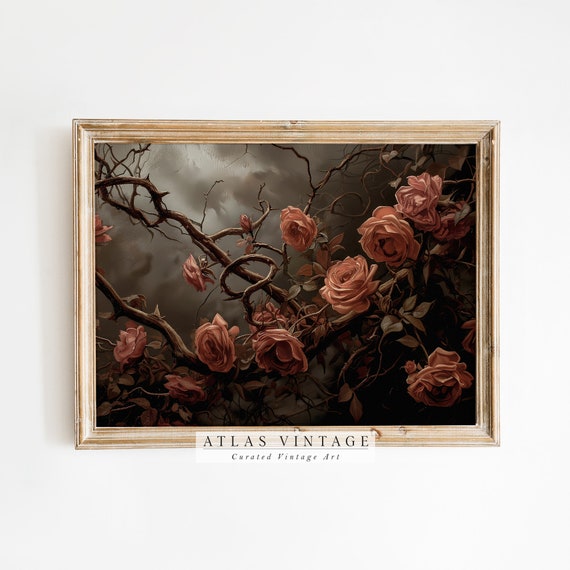Vintage Valentine Flower Print Antique Red Rose Painting Floral Valentine Wall Art Dark Moody Botanical Dcor