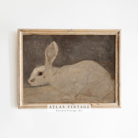 Vintage Easter Bunnies Print Antique Spring Rabbit Painting Neutral Country Farmhouse Dcor Dark Moody Rustic Wall Art