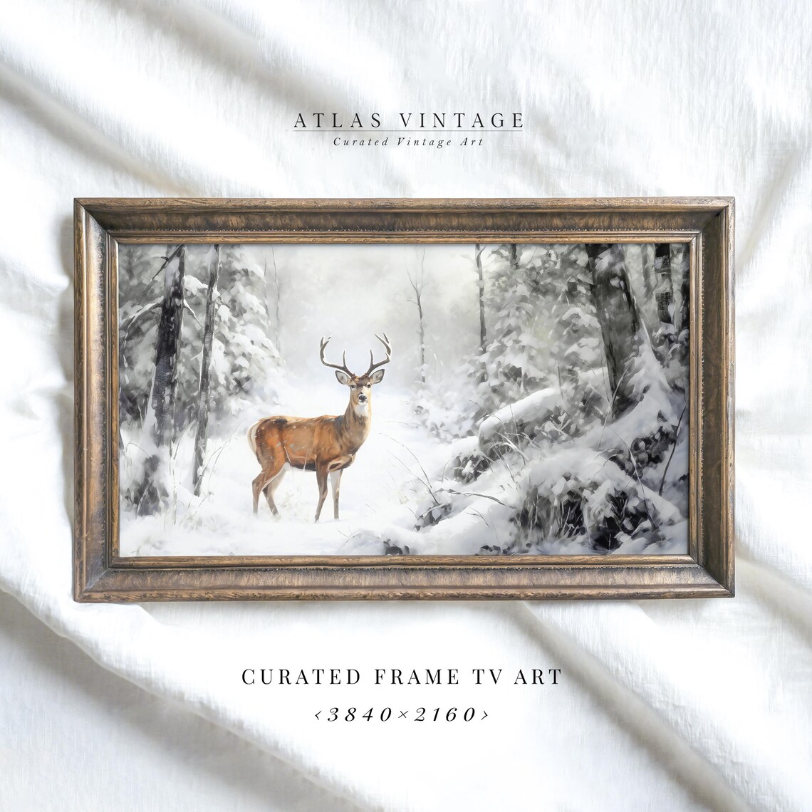 Deer in Snowy Winter Forest Painting Buck with Antlers Art Poster