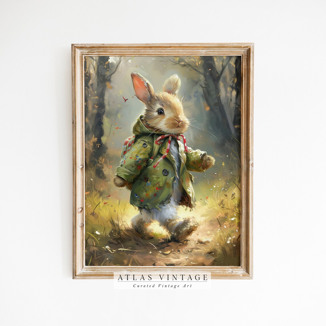 Whimsical Bunny in Green Coat Woodland Forest Adventure Art Poster