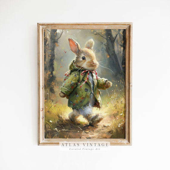 Whimsical Bunny in Green Coat Woodland Forest Adventure Art Poster