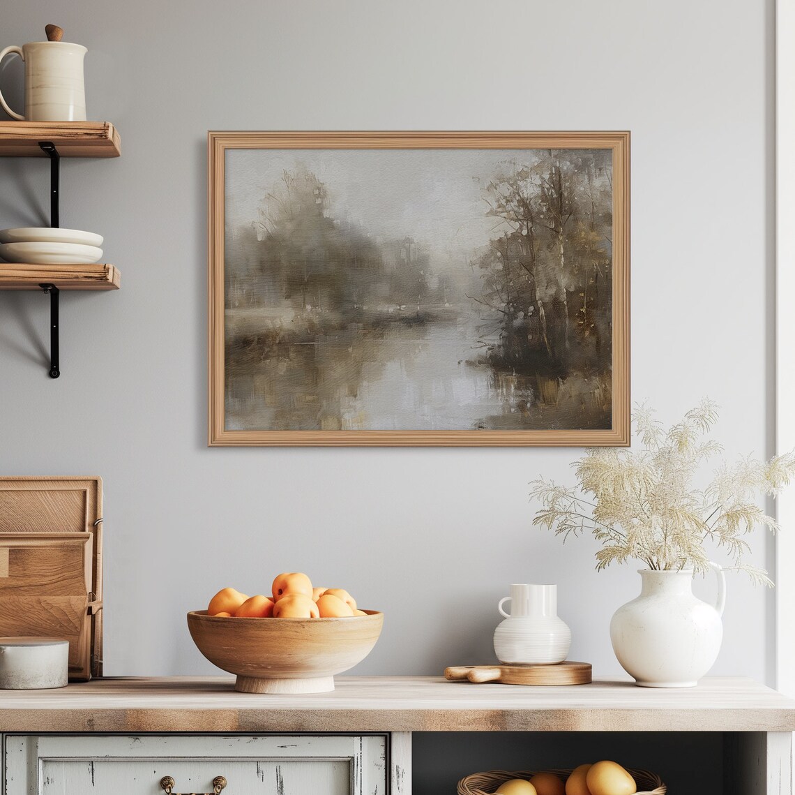 Misty Gray Woodland River Reflections Soft Abstract Nature Painting Poster - Image 6