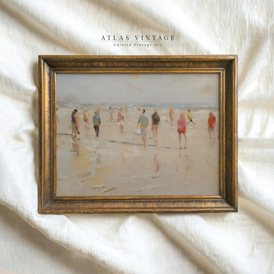 Impressionist Beach People Wading Shoreline Coastal Painting Vintage Wall Art - Image 8