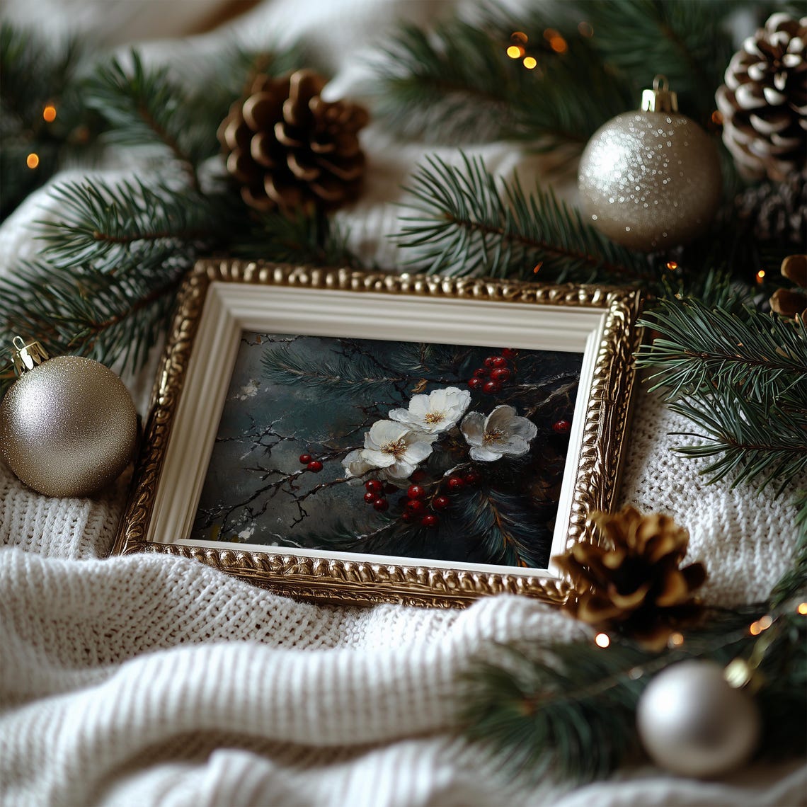 White Winter Blossoms With Red Berries On Dark Pine Boughs Poster - Image 7