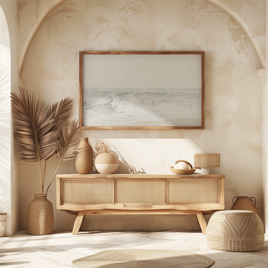 Minimalist White Ocean Waves Pale Sky Serene Modern Seascape Painting Poster - Image 6