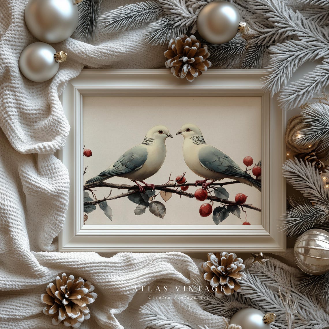 Two Doves on Winter Berry Branch Facing Each Other Art Poster - Image 6