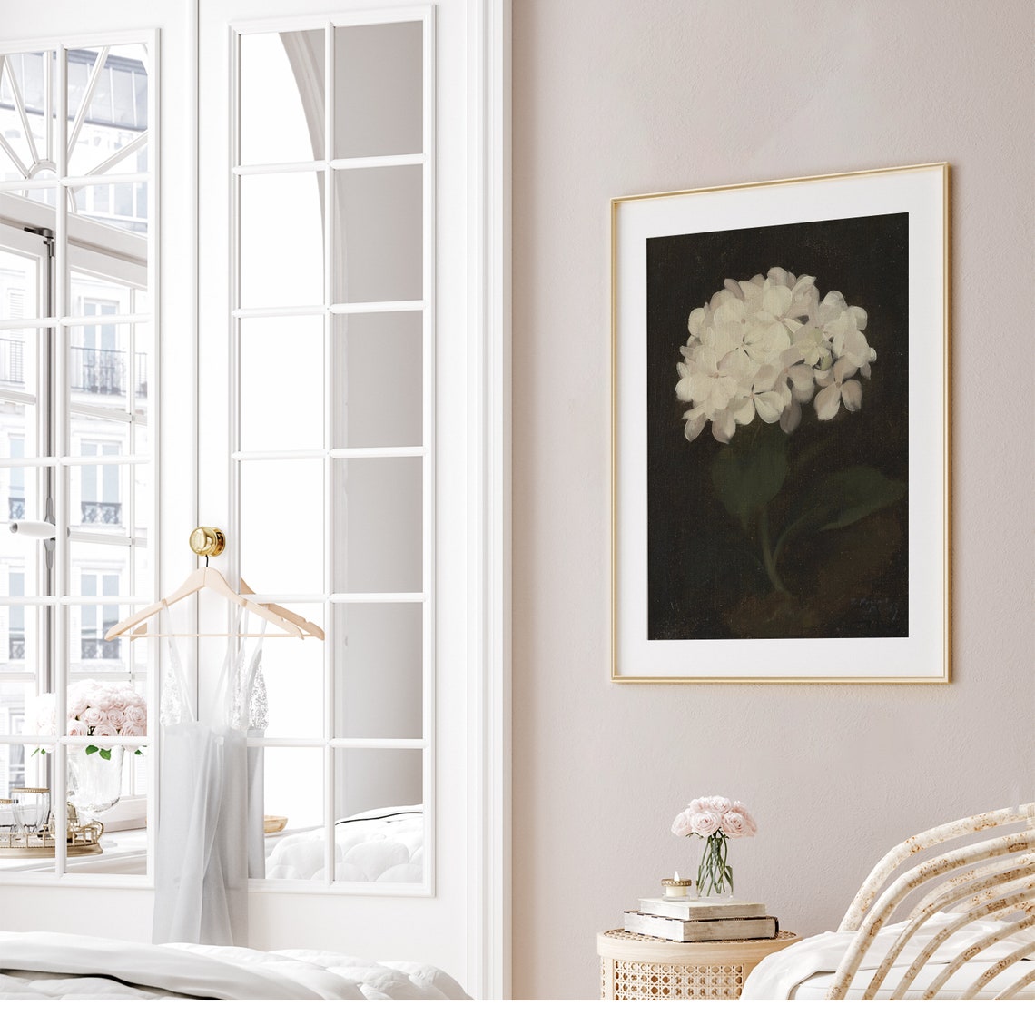 Moody White Hydrangea Bloom on Black Botanical Painting Poster - Image 7