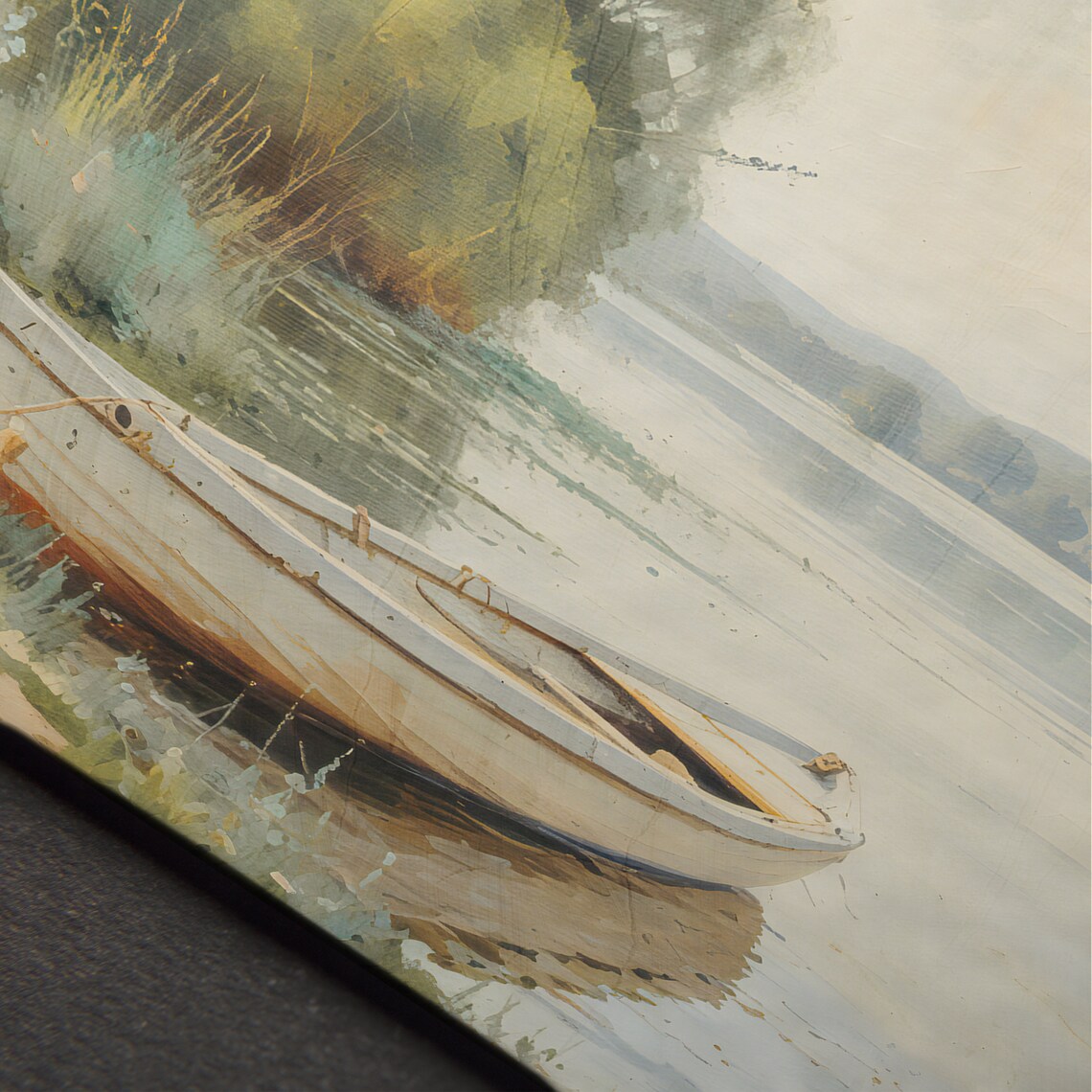 Vintage Summer Lake With White Rowboat Calm Water Landscape Painting Poster - Image 7