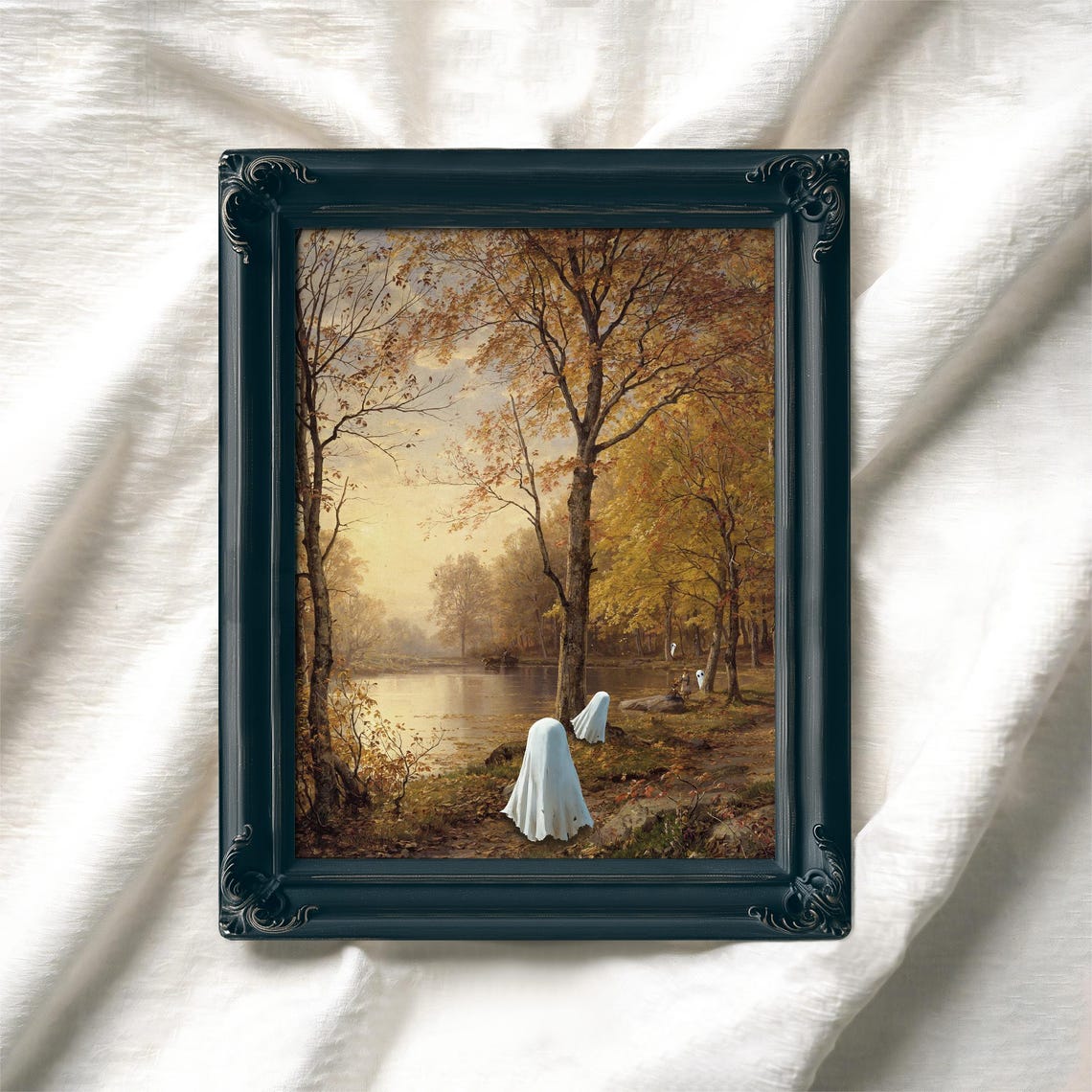 Cute Ghosts Hiding in Autumn Forest Lake Print Vintage Spooky Fall Art - Image 7