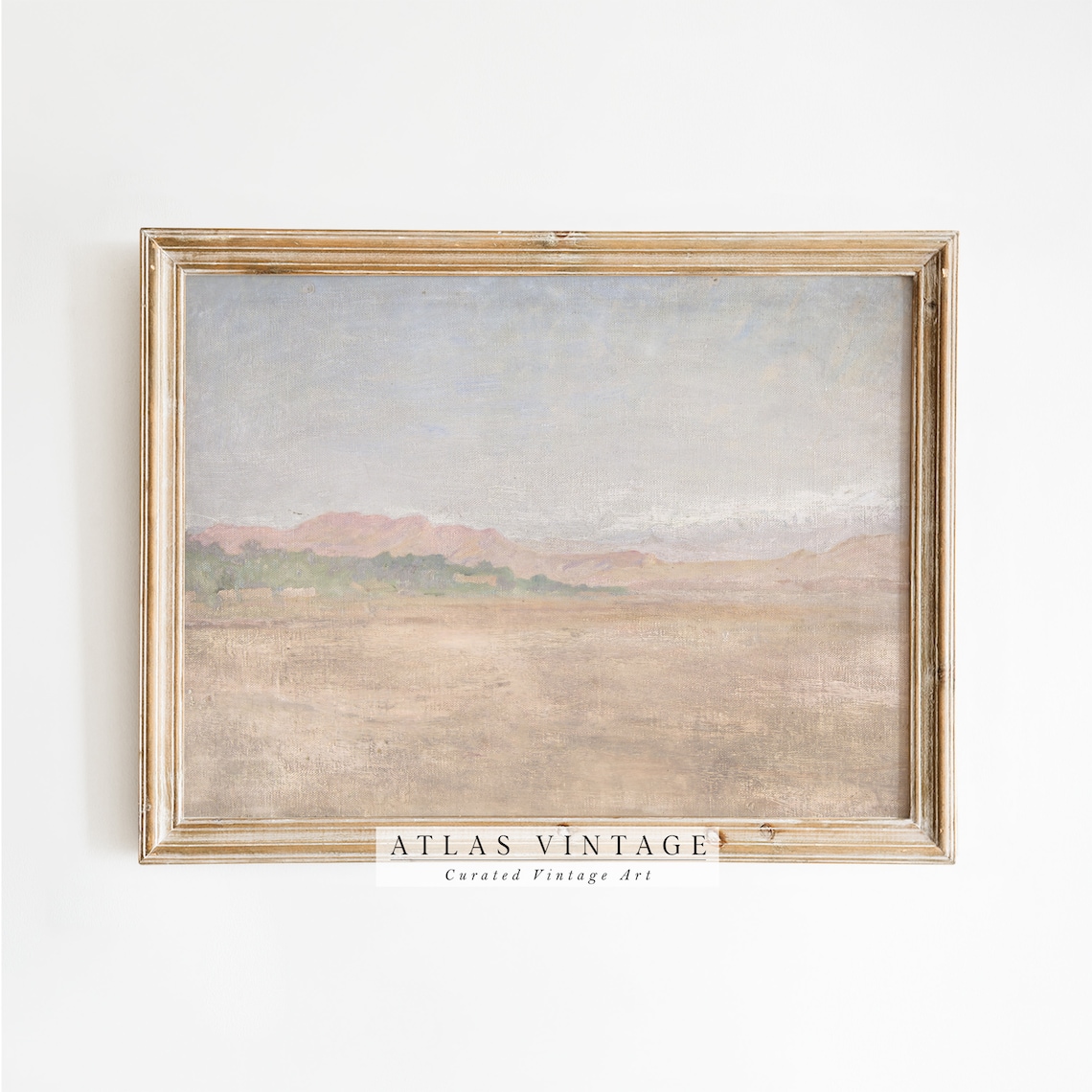 Warm Desert Plain Distant Pink Hills Muted Tonal Landscape Painting Wall Art
